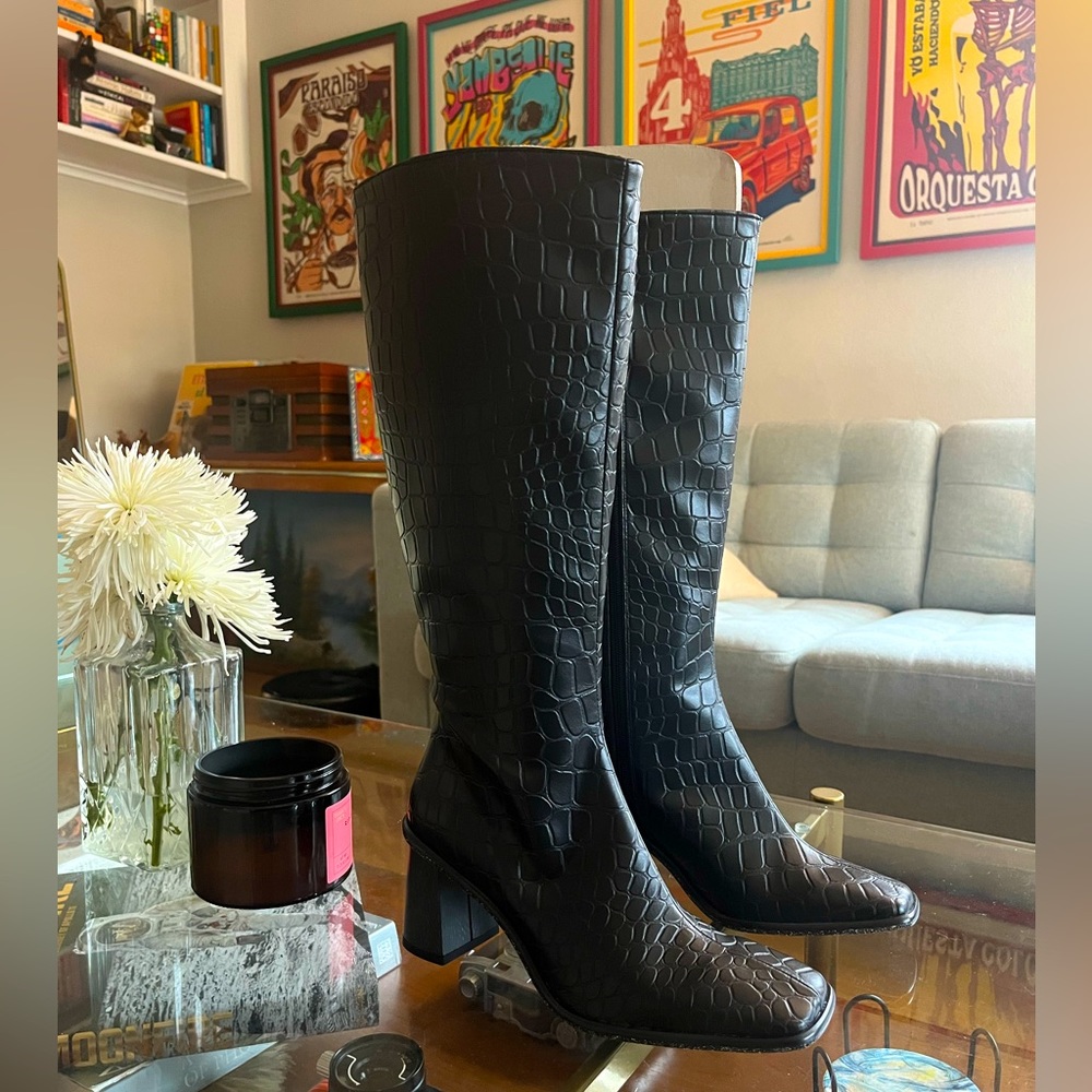 BRAND NEW Alohas East Apple Alli Black Croc Vegan Leather Knee High Boots
